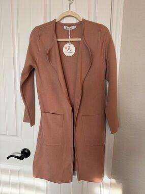 Anrabess Open-Front Long Knit Cardigan in peachy khaki Small NWT